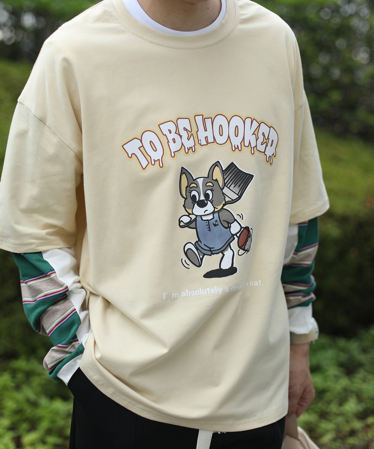 [HOOK -original-] Cute cartoon print border switching sleeve TEE