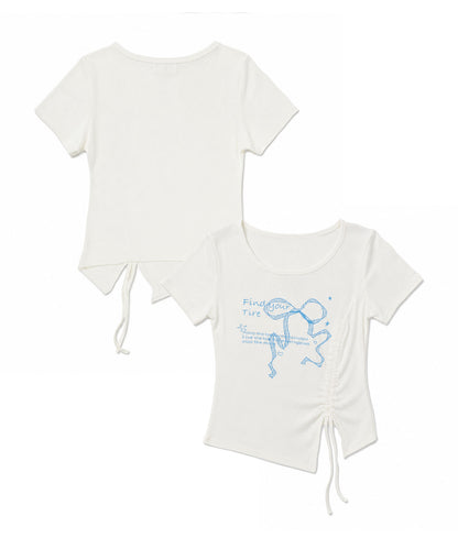 HOOK for girls リボングラフィック × サイドギャザー コンパクトストリートT