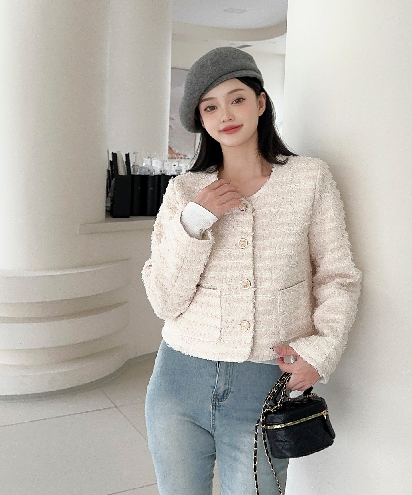 【Jasmine】フリンジノーカラージャケット