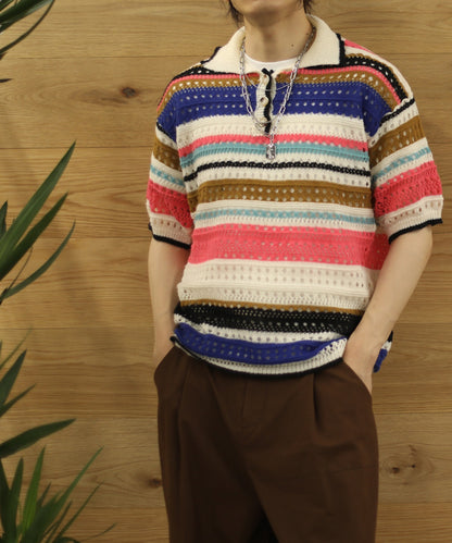 [aimoha Men's] Border pattern knit short sleeve