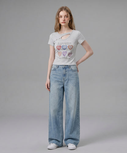 HOOK for girls 胸元デザイン × ハートスタッズプリント　クロップド 半袖 Tシャツ