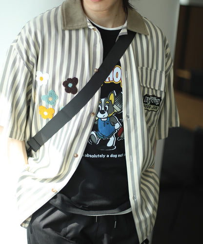 [HOOK] Retro style patch stripe big shirt