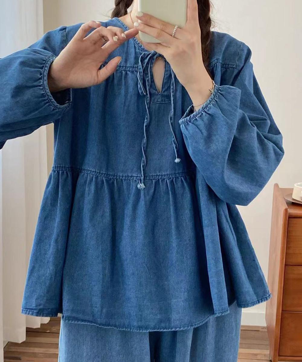 デニムティアードリボンブラウス