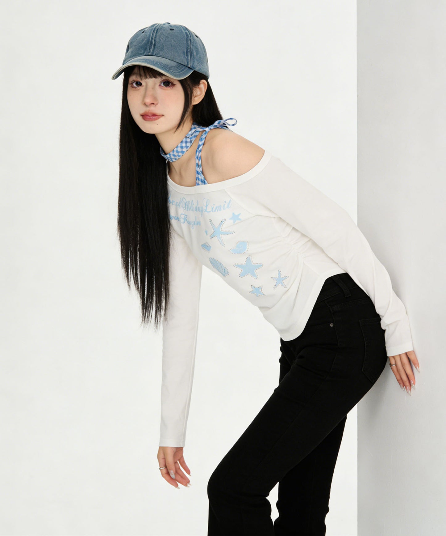 HOOK for girls　ストーン×シェルプリント オフショルダー ロンT