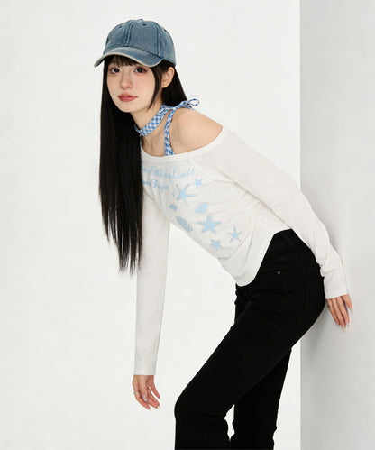 HOOK for girls　ストーン×シェルプリント オフショルダー ロンT