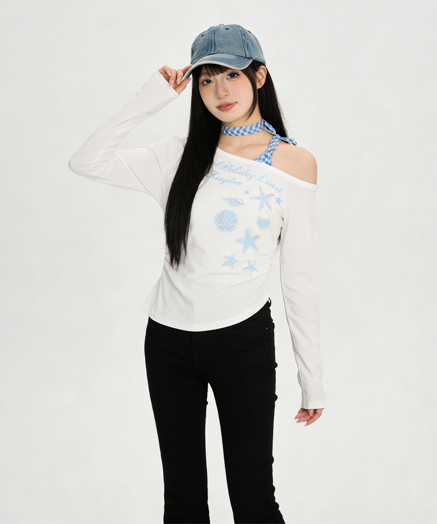 HOOK for girls　ストーン×シェルプリント オフショルダー ロンT