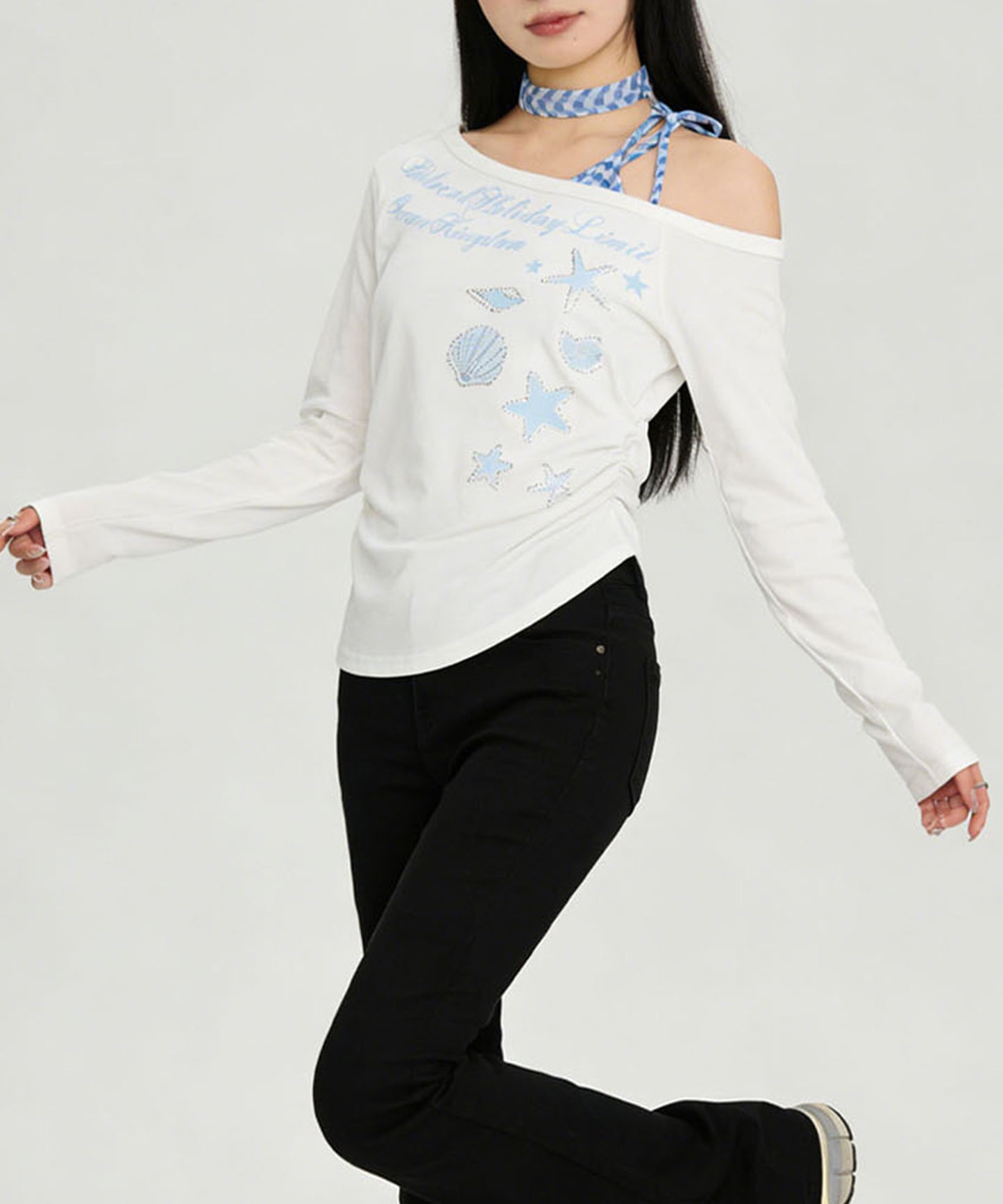 HOOK for girls　ストーン×シェルプリント オフショルダー ロンT