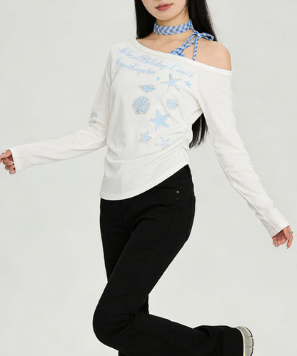 HOOK for girls　ストーン×シェルプリント オフショルダー ロンT