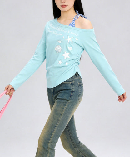 HOOK for girls　ストーン×シェルプリント オフショルダー ロンT