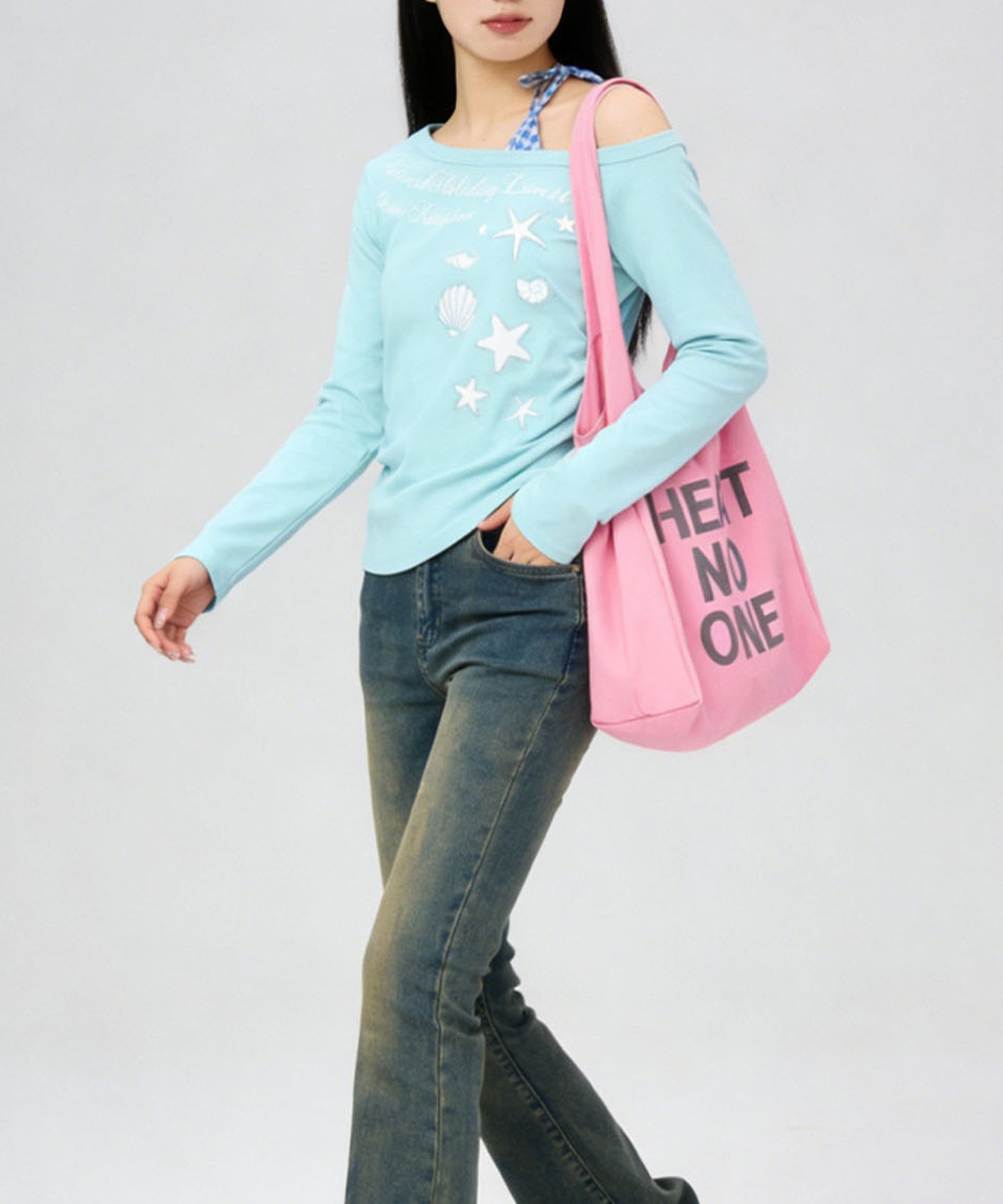 HOOK for girls　ストーン×シェルプリント オフショルダー ロンT