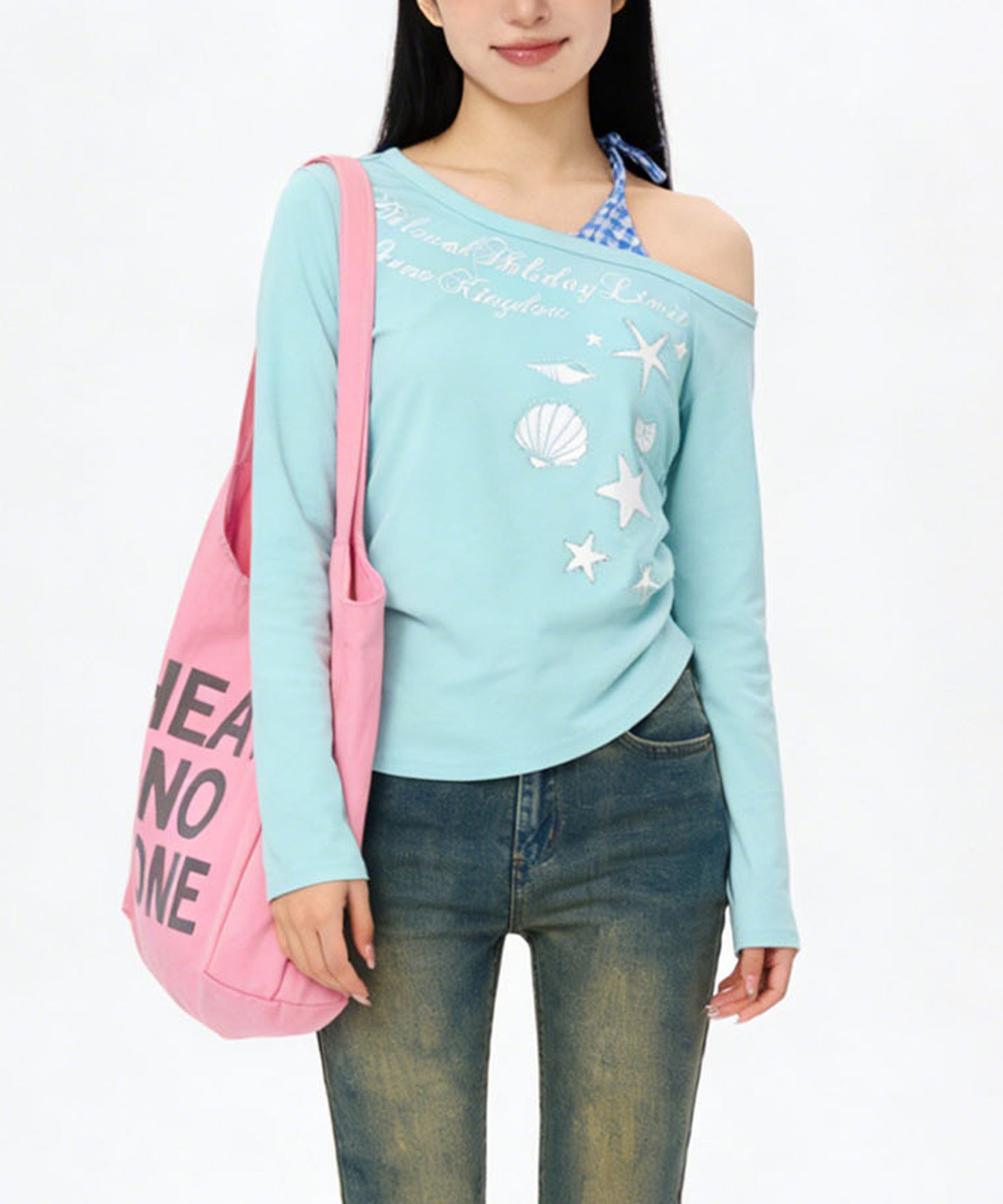 HOOK for girls　ストーン×シェルプリント オフショルダー ロンT