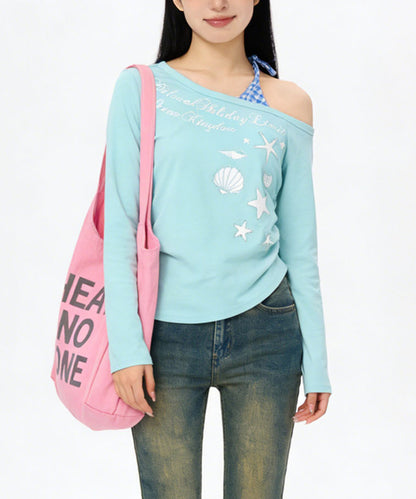 HOOK for girls　ストーン×シェルプリント オフショルダー ロンT