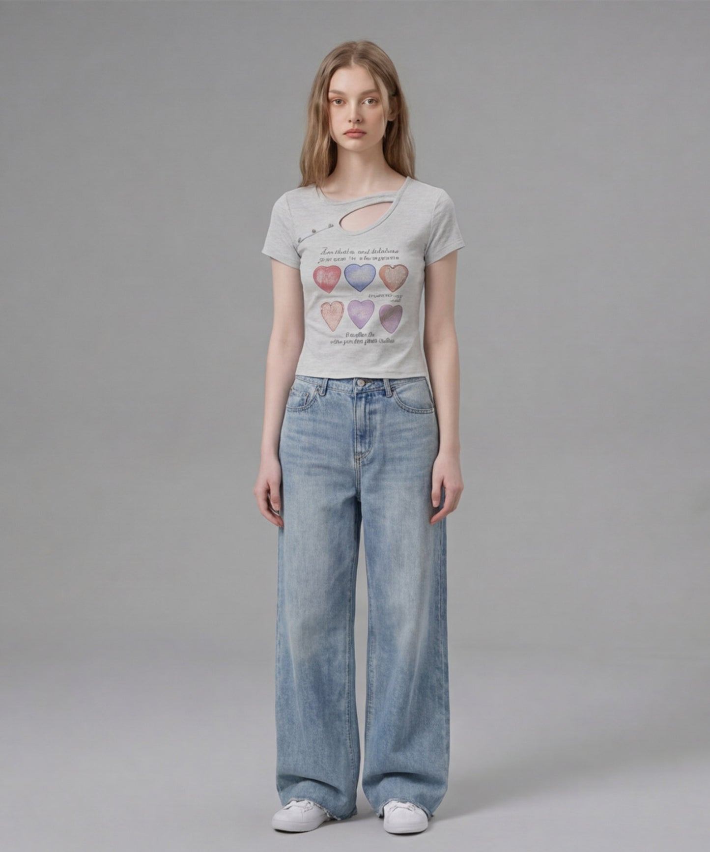 HOOK for girls 胸元デザイン × ハートスタッズプリント　クロップド 半袖 Tシャツ