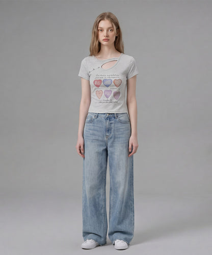 HOOK for girls 胸元デザイン × ハートスタッズプリント　クロップド 半袖 Tシャツ