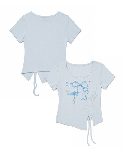 HOOK for girls リボングラフィック × サイドギャザー コンパクトストリートT