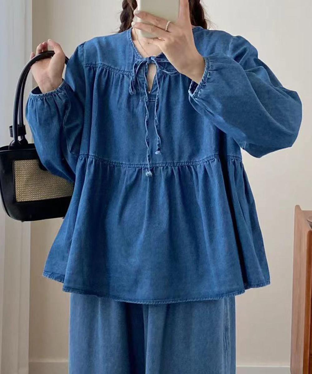 デニムティアードリボンブラウス