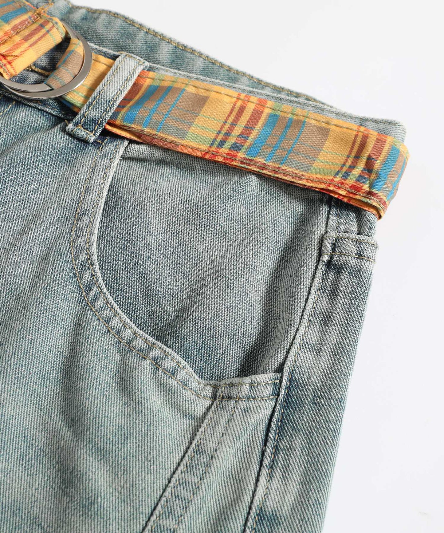 HOOK マッシュルーム刺繍 バレルレッグデニム　チェックベルト付き