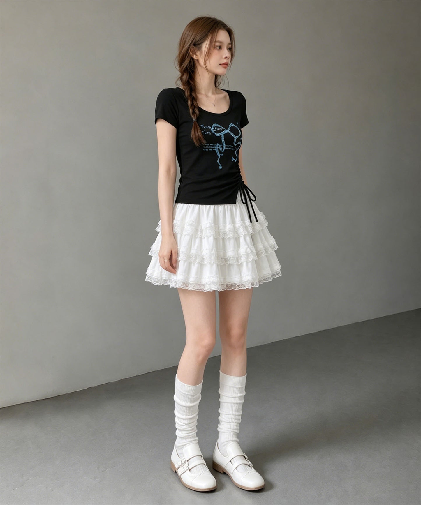 HOOK for girls リボングラフィック × サイドギャザー コンパクトストリートT