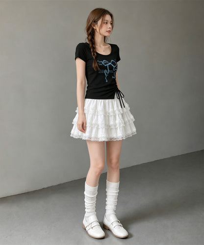 HOOK for girls リボングラフィック × サイドギャザー コンパクトストリートT