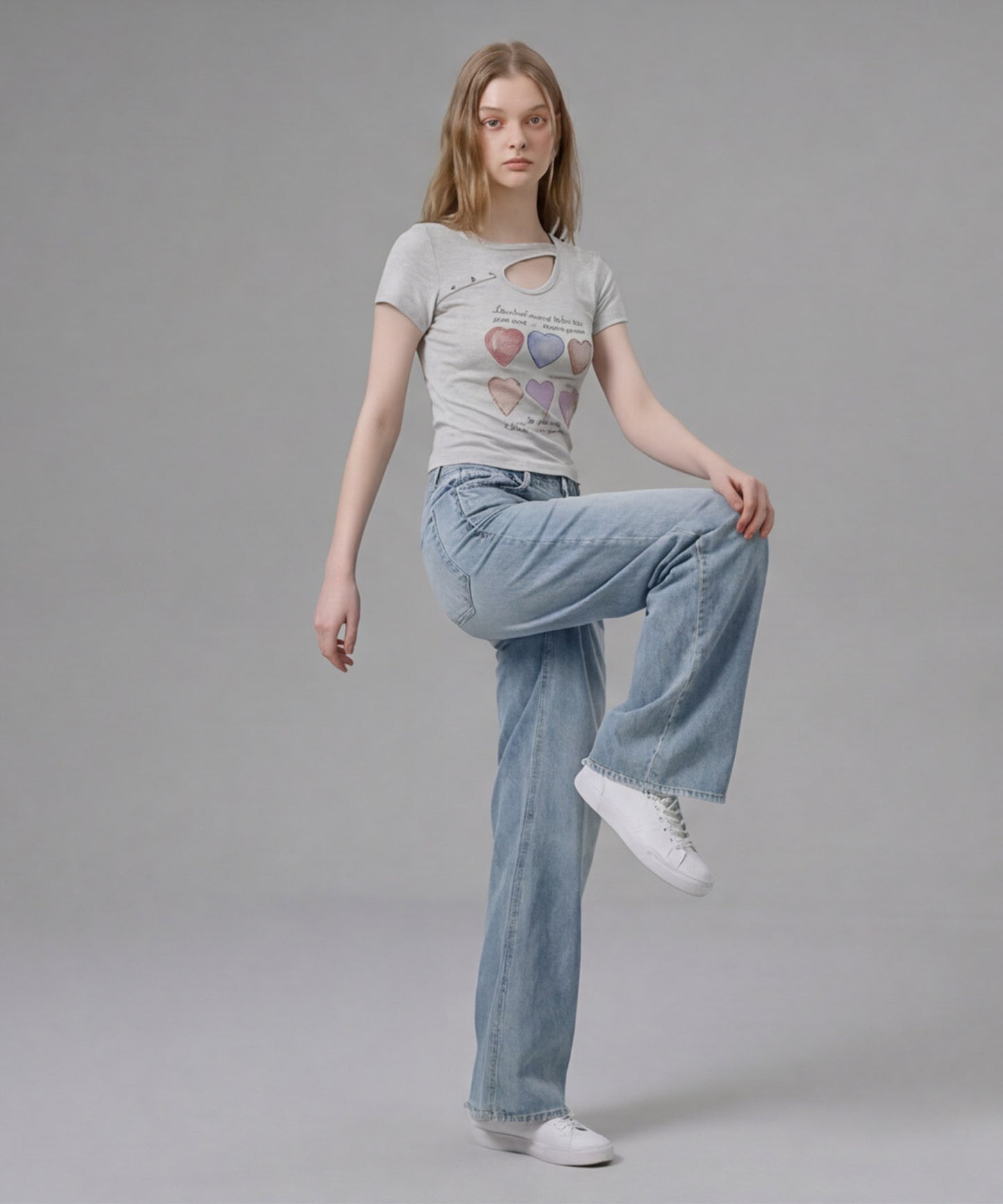 HOOK for girls 胸元デザイン × ハートスタッズプリント　クロップド 半袖 Tシャツ