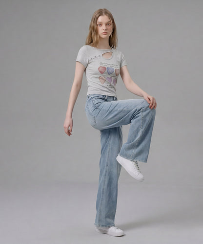 HOOK for girls 胸元デザイン × ハートスタッズプリント　クロップド 半袖 Tシャツ
