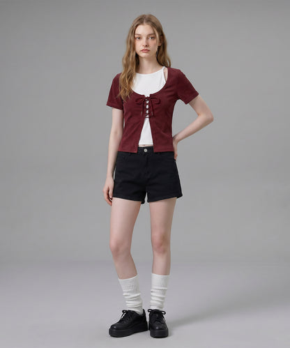 HOOK for girls キャミソールレイヤード風クロップド編み上げ半袖トップス