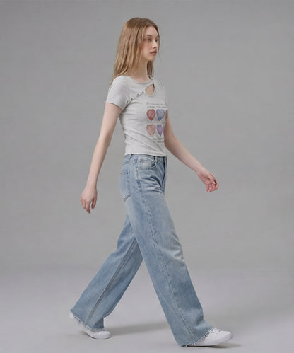 HOOK for girls 胸元デザイン × ハートスタッズプリント　クロップド 半袖 Tシャツ