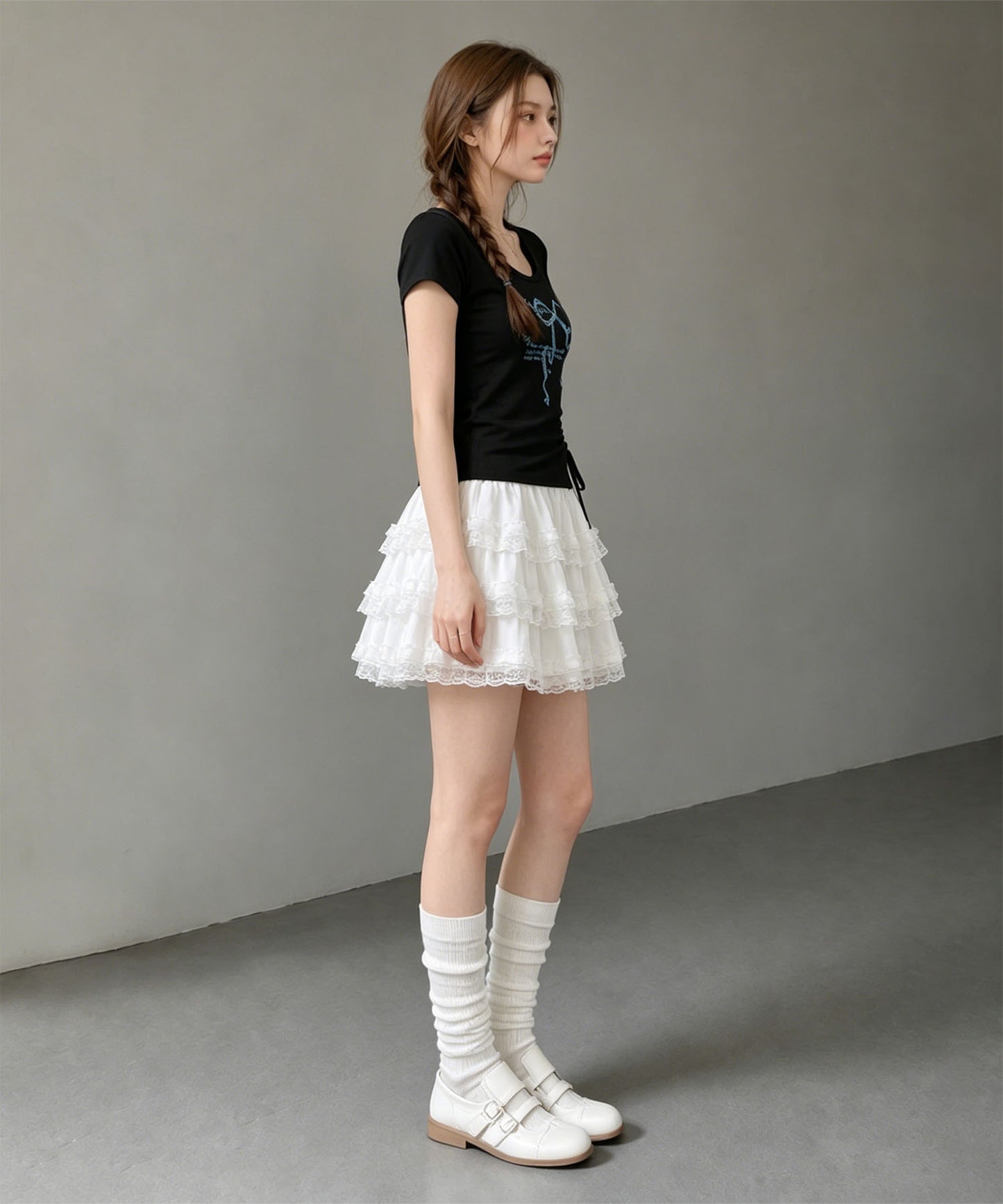 HOOK for girls リボングラフィック × サイドギャザー コンパクトストリートT