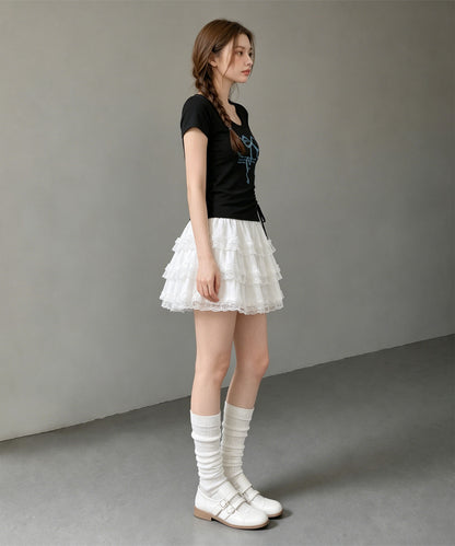 HOOK for girls リボングラフィック × サイドギャザー コンパクトストリートT