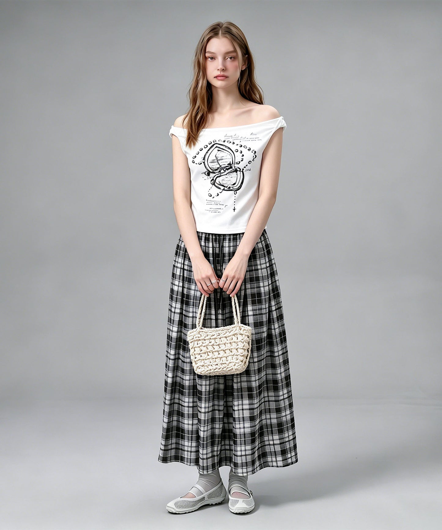HOOK for girls クロス柄グラフィック オフショルダークロップドTシャツ
