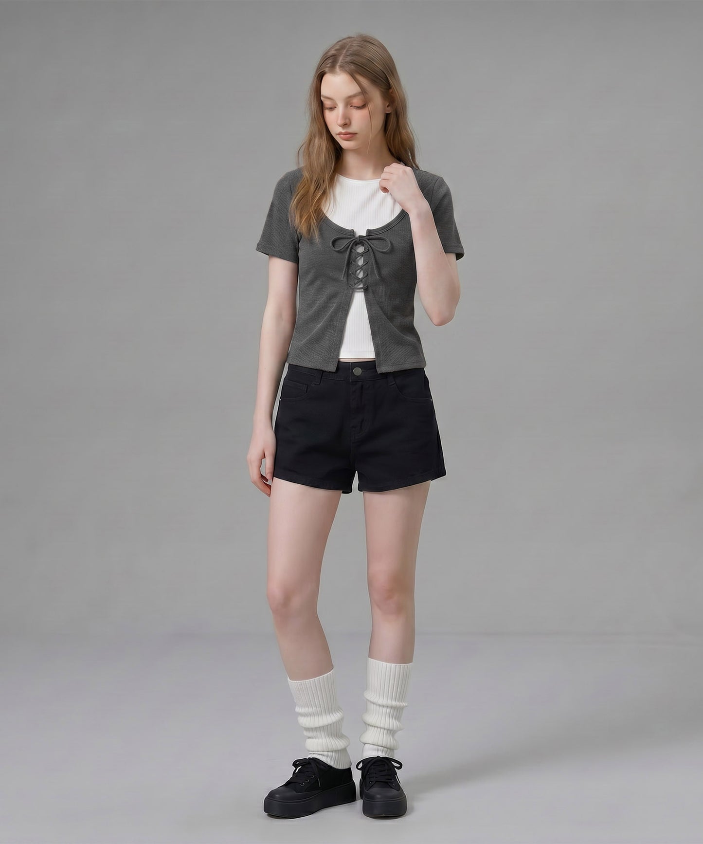 HOOK for girls キャミソールレイヤード風クロップド編み上げ半袖トップス
