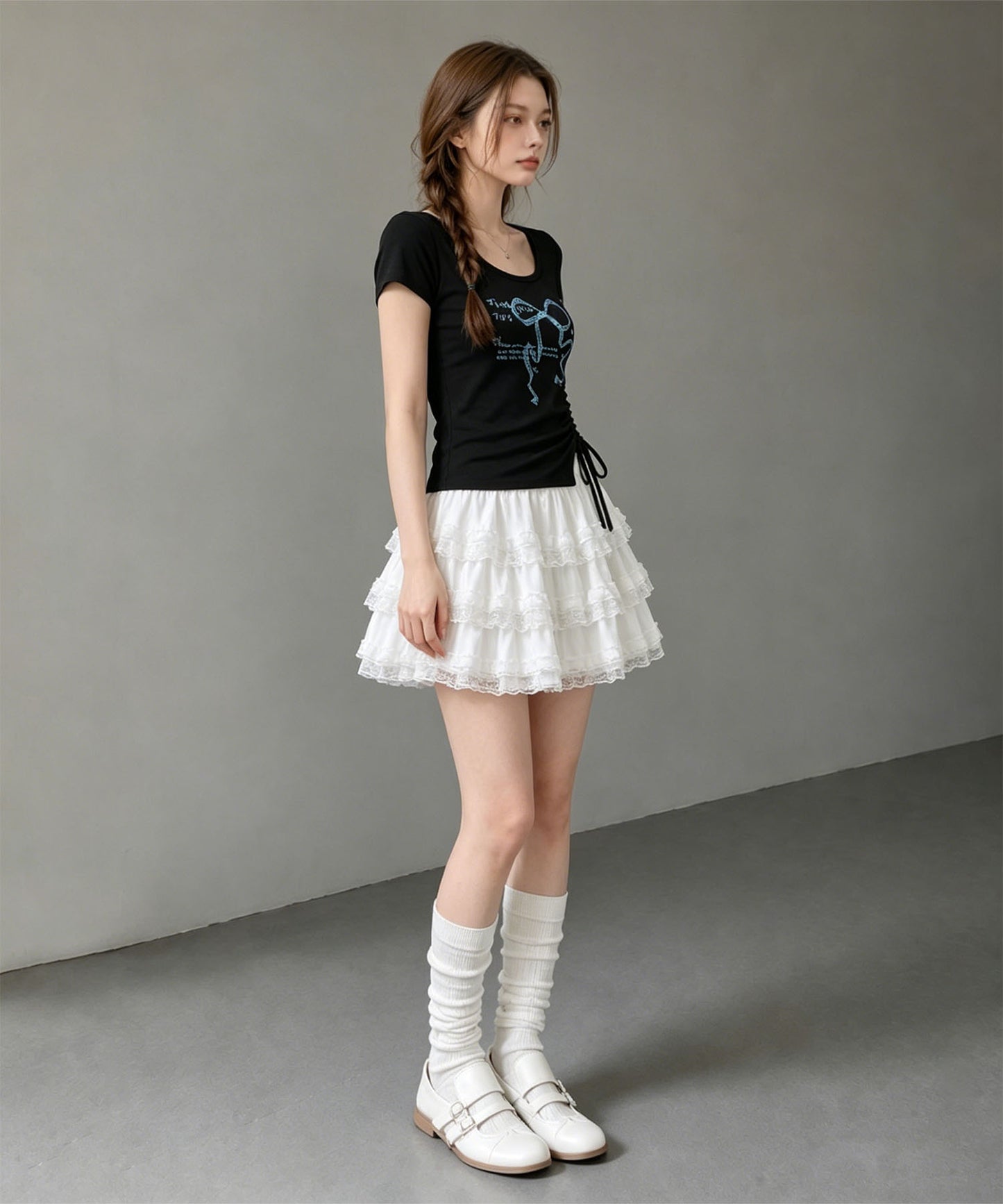 HOOK for girls リボングラフィック × サイドギャザー コンパクトストリートT