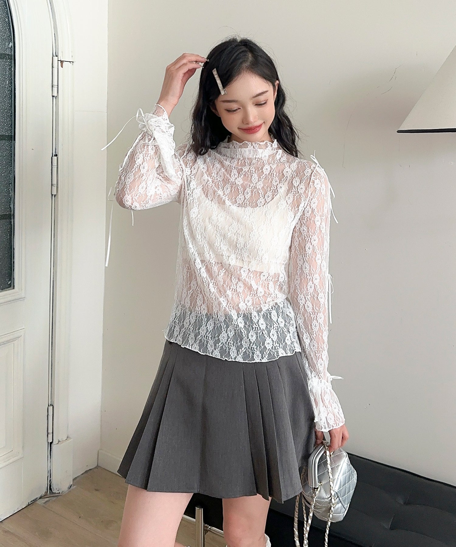 【Jasmine】袖リボンメロウシアーレースインナートップス