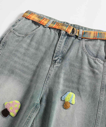 HOOK マッシュルーム刺繍 バレルレッグデニム　チェックベルト付き