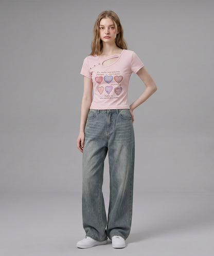 HOOK for girls 胸元デザイン × ハートスタッズプリント　クロップド 半袖 Tシャツ