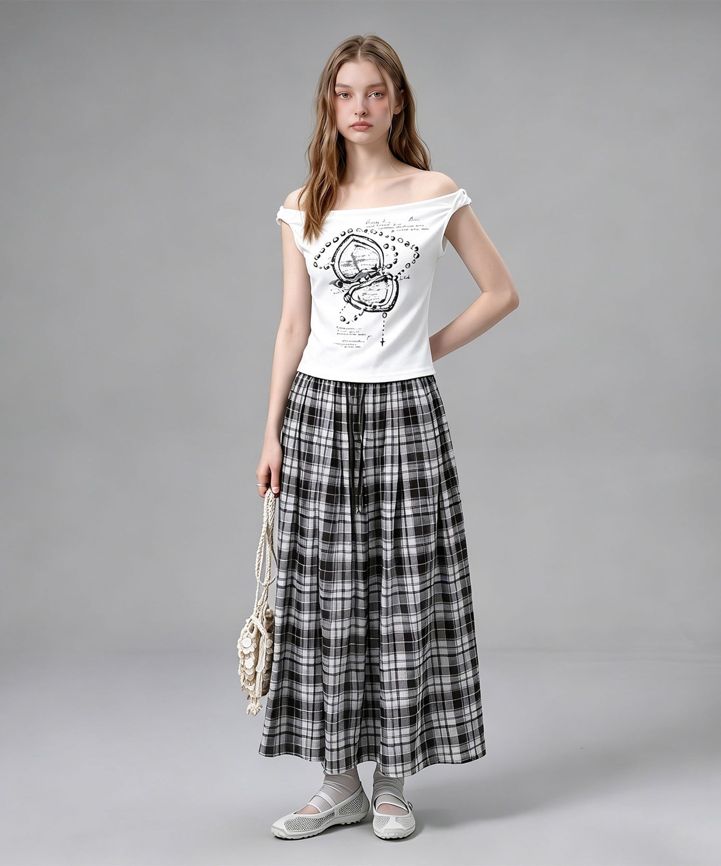 HOOK for girls クロス柄グラフィック オフショルダークロップドTシャツ