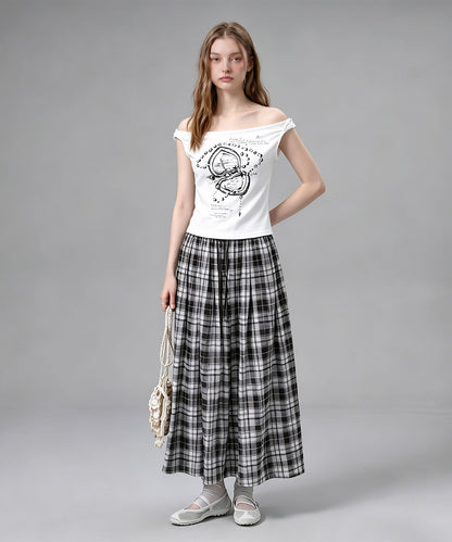 HOOK for girls クロス柄グラフィック オフショルダークロップドTシャツ