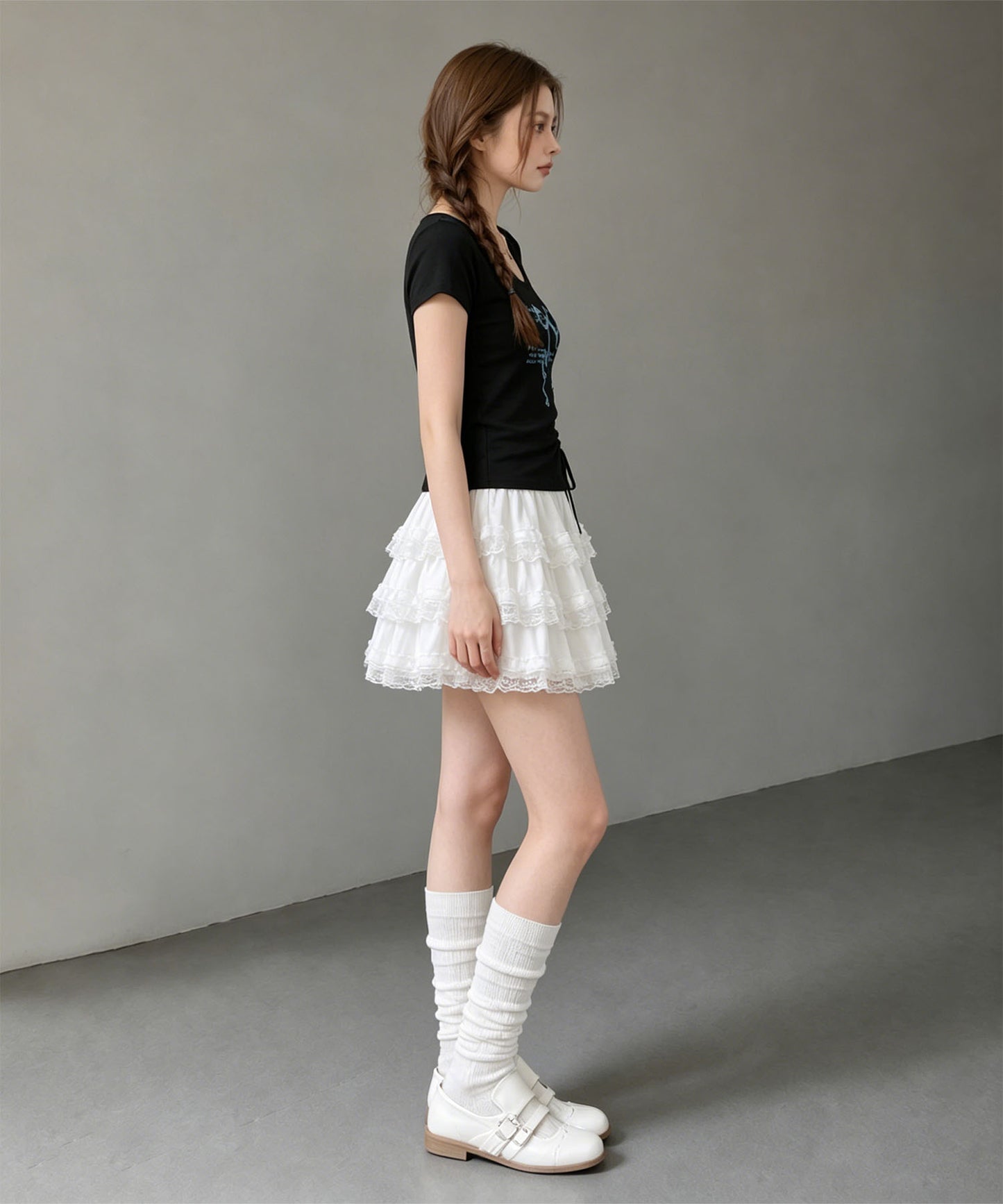 HOOK for girls リボングラフィック × サイドギャザー コンパクトストリートT