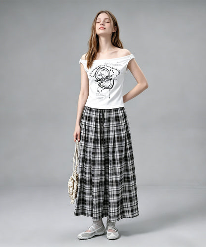 HOOK for girls クロス柄グラフィック オフショルダークロップドTシャツ