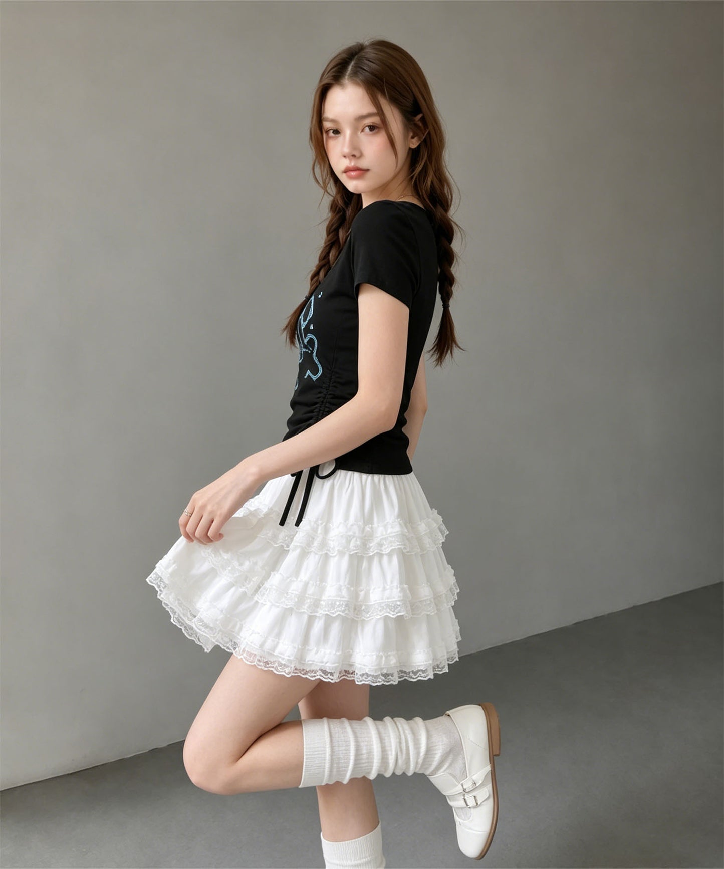 HOOK for girls リボングラフィック × サイドギャザー コンパクトストリートT