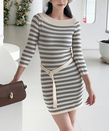 【Jasmine】ワンショルダーストライプニットワンピース