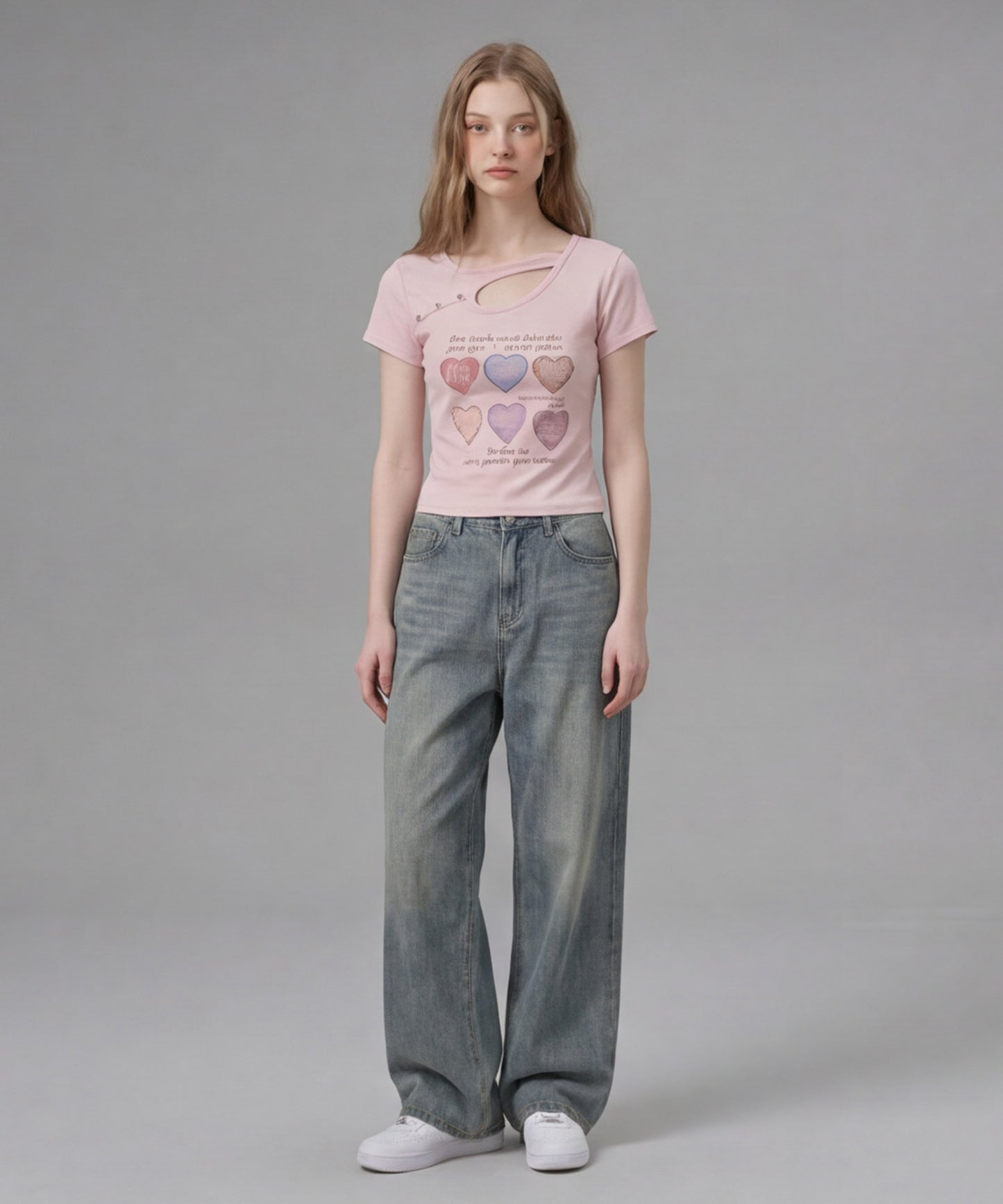 HOOK for girls 胸元デザイン × ハートスタッズプリント　クロップド 半袖 Tシャツ