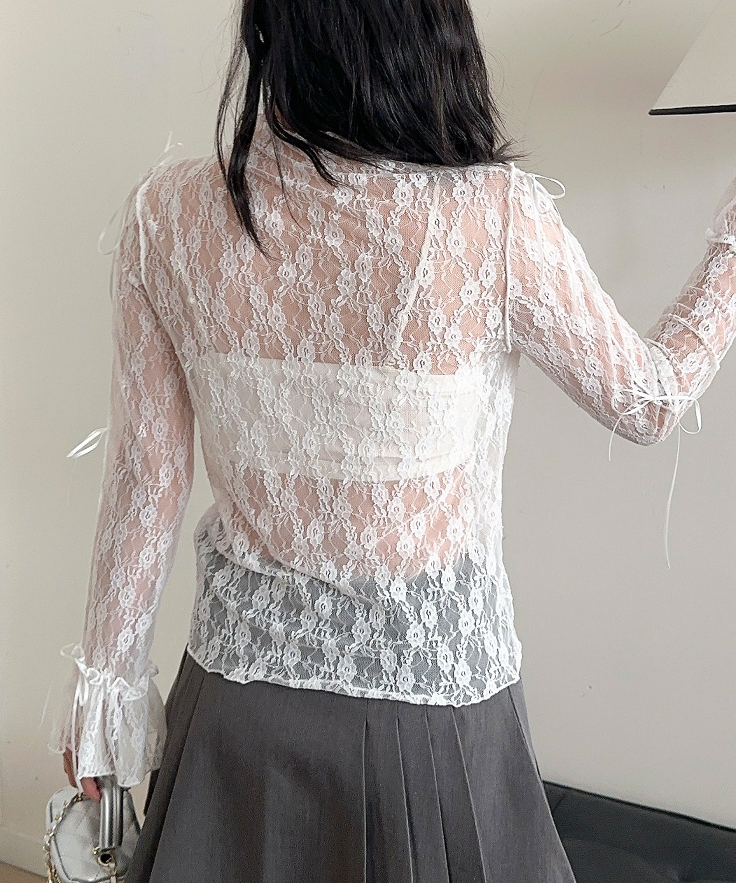 【Jasmine】袖リボンメロウシアーレースインナートップス