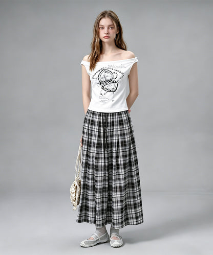 HOOK for girls クロス柄グラフィック オフショルダークロップドTシャツ
