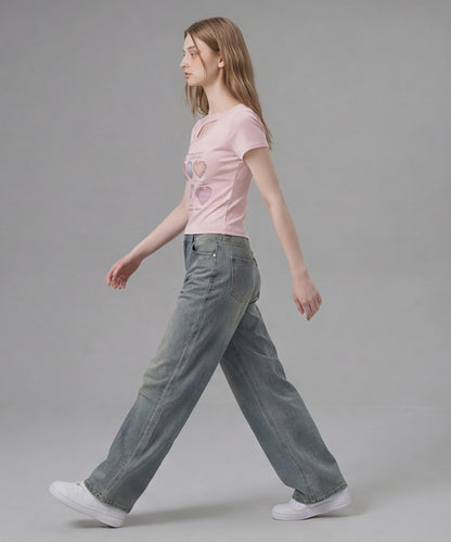 HOOK for girls 胸元デザイン × ハートスタッズプリント　クロップド 半袖 Tシャツ