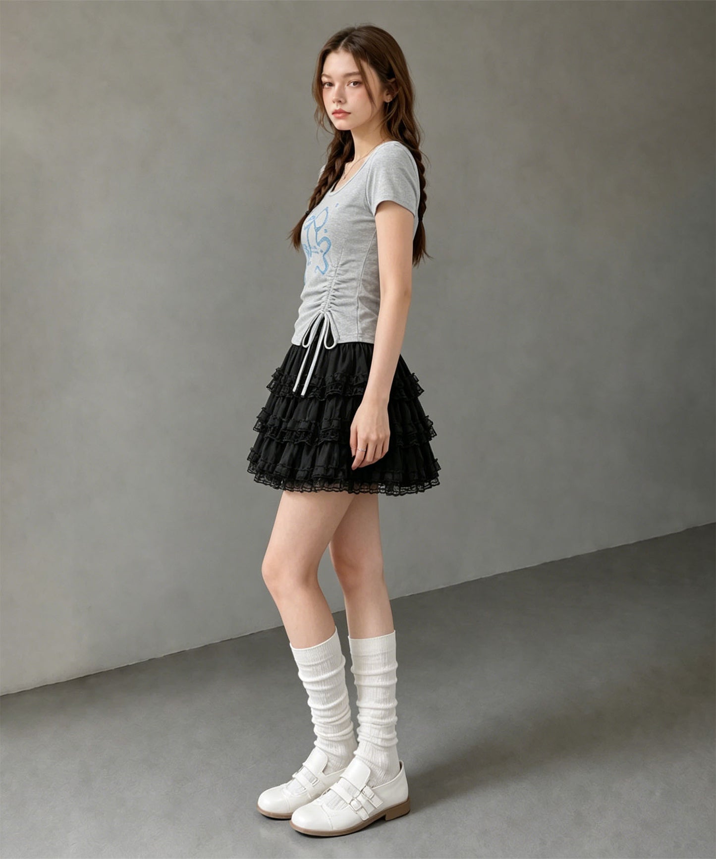HOOK for girls リボングラフィック × サイドギャザー コンパクトストリートT