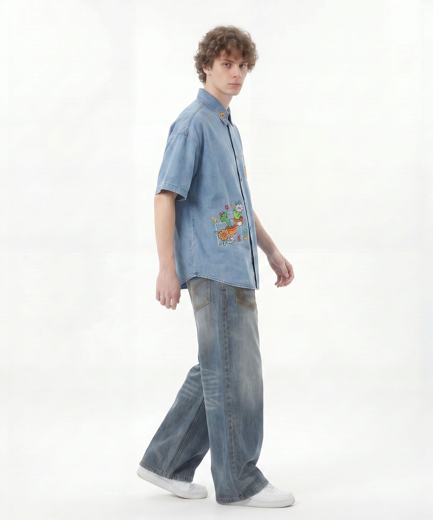 HOOK フラワーポット刺繍 × カラーボタン デニムシャツ ビッグシルエット