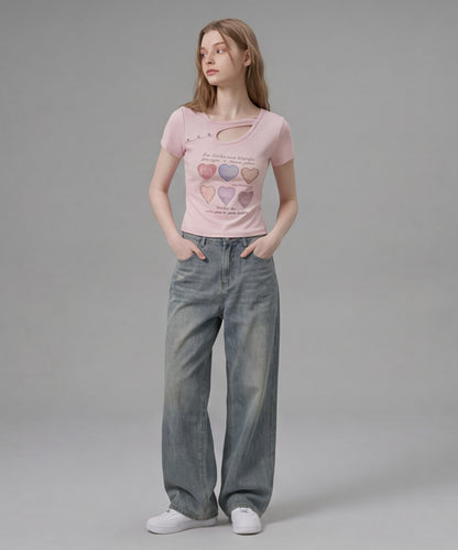 HOOK for girls 胸元デザイン × ハートスタッズプリント　クロップド 半袖 Tシャツ