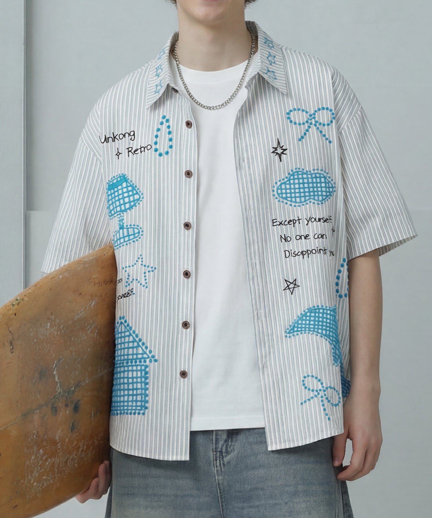 刺繍＆メッシュパッチワーク ストライプ半袖ビッグシャツ (SS)