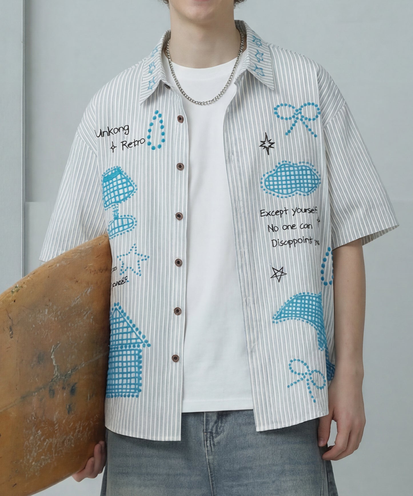 刺繍＆メッシュパッチワーク ストライプ半袖ビッグシャツ (SS)